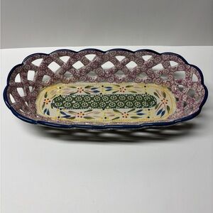Temptations by Tara Old World Green Floral Lattice Ceramic Bread Basket